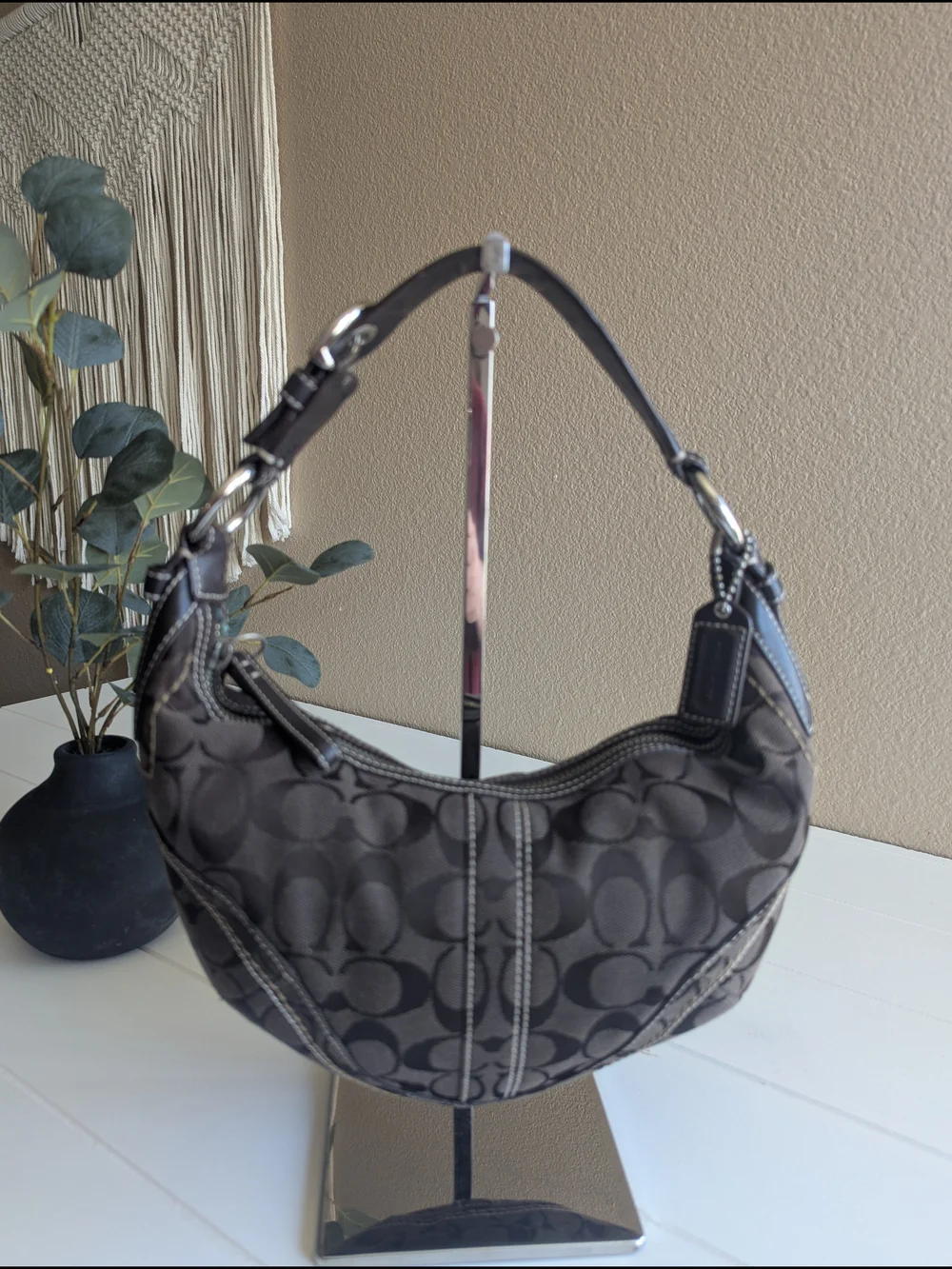 Vintage Coach SohoSignature Canvas HoboShoulder Bag in chocolate brown.